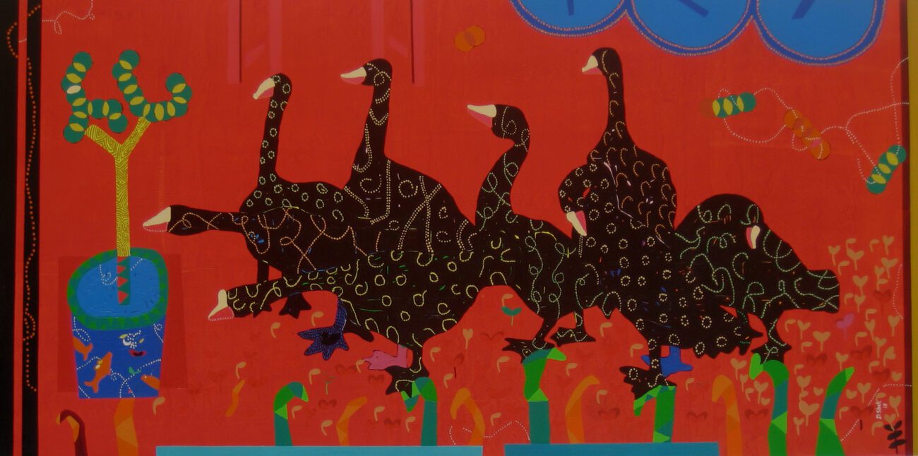 Dhaneshwar Shah – DS - 102, 40x80 inch, Acrylic on Canvas, Duck with Red, 2010