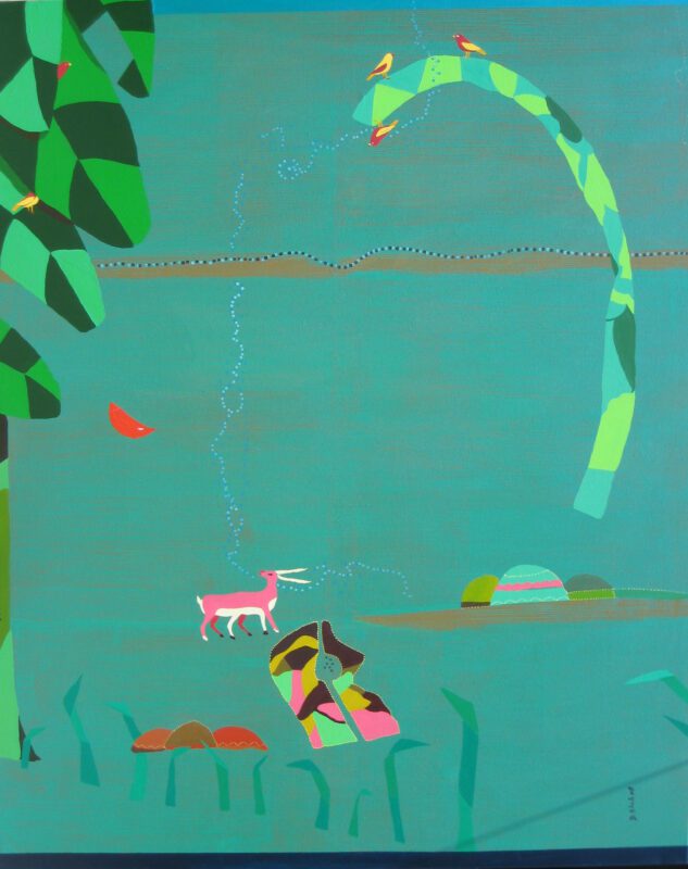Dhaneshwar Shah – DS - 40, 48x60 inch, Acrylic on Canvas, bird with deer, 2008